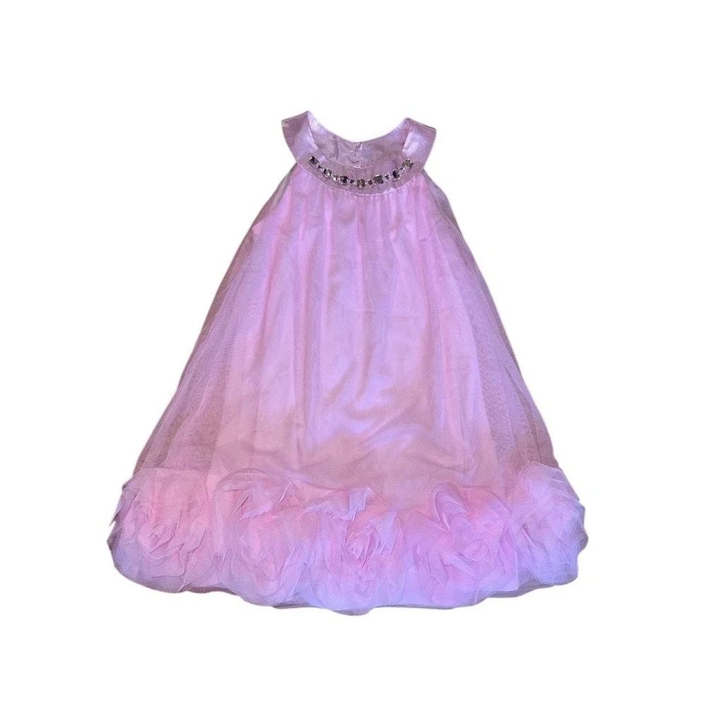 Biscotti Girls Party Dress Size 5 Pink Tulle Jeweled Collar Rosette Hem‎ wedding